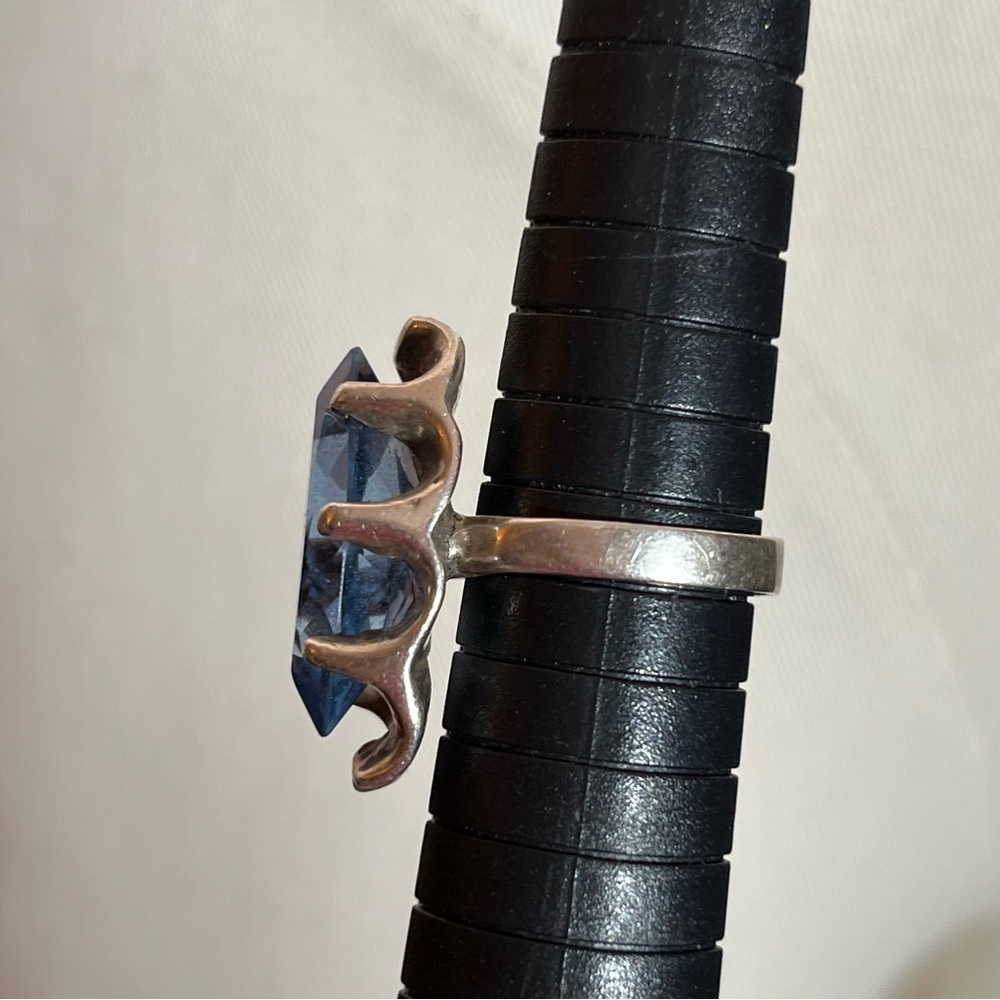 Antique art Deco Oversized Marquee Blue Topaz Brutalist Sterling Silver Ring - Picture 9 of 17